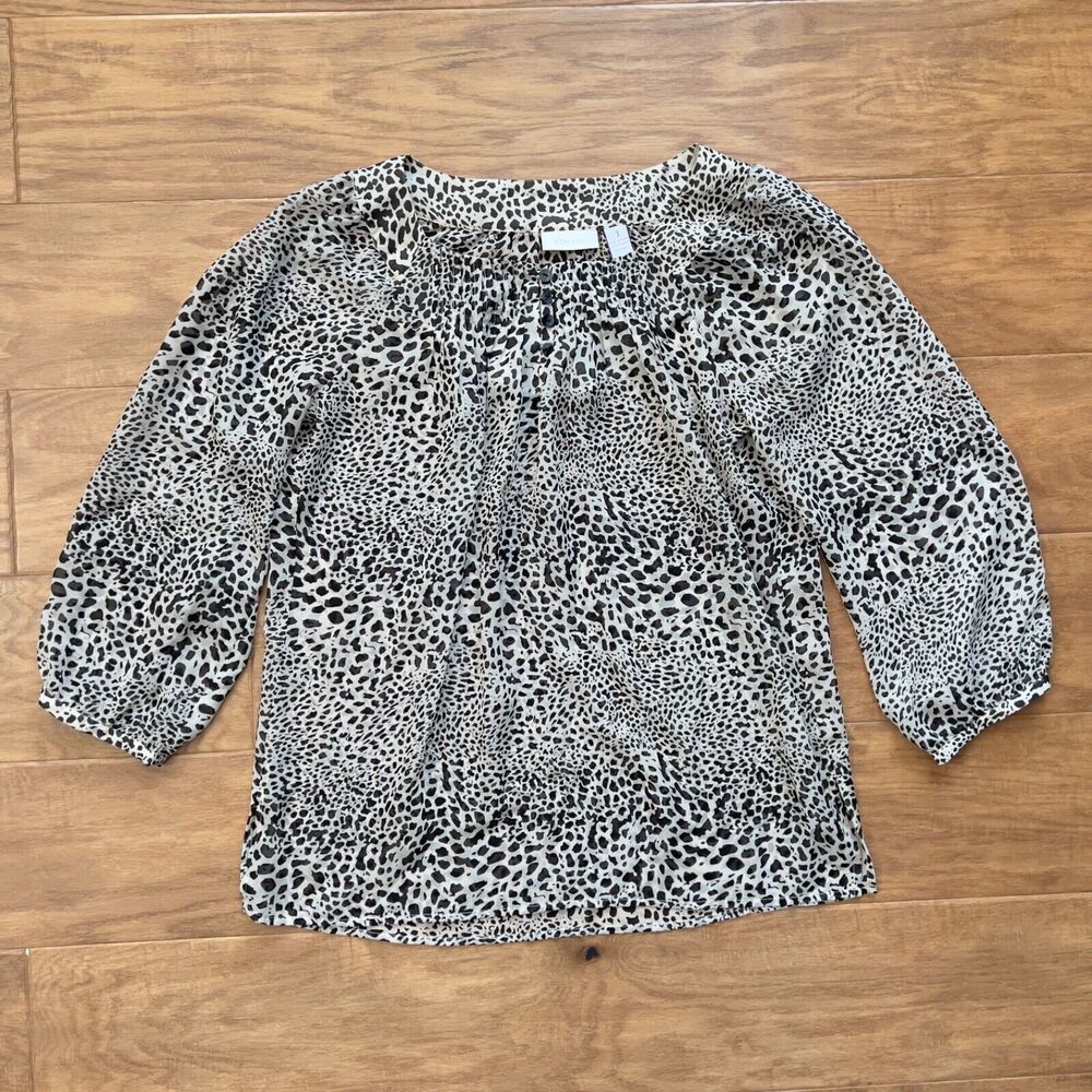 Chico's Blouse Size 1 (M) Sheer Leopard Print Tan/Black 3/4 Sleeve